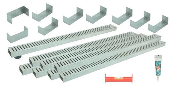 Entwässerungsrinnen Edelstahl superflach Rost Schlitzdesign SET Typ 8, System 35/80